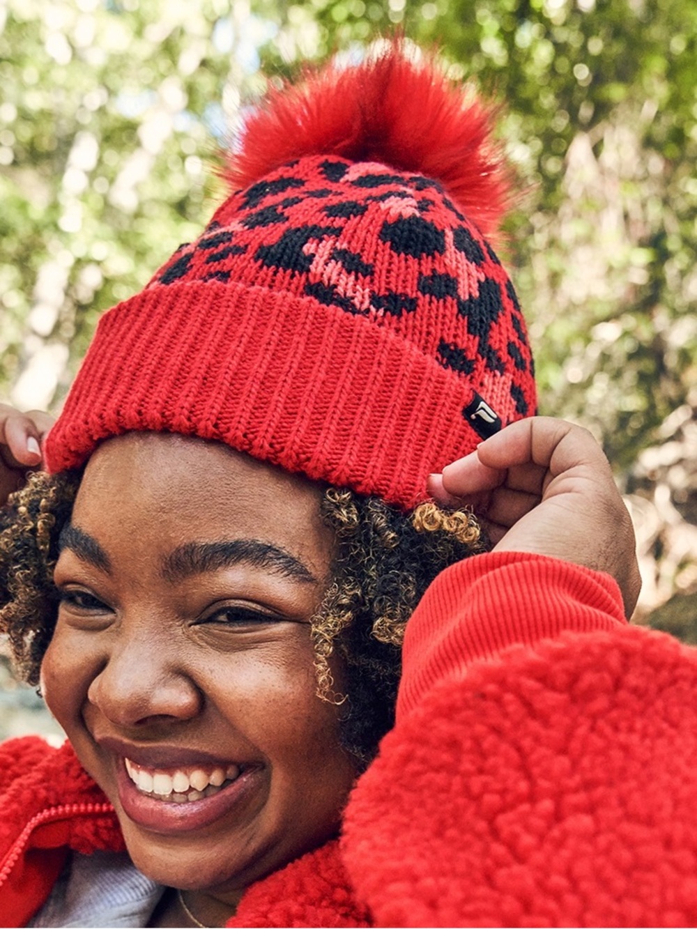 Fabletics Electric Cherry Leopard Cable Knit Beanie OS